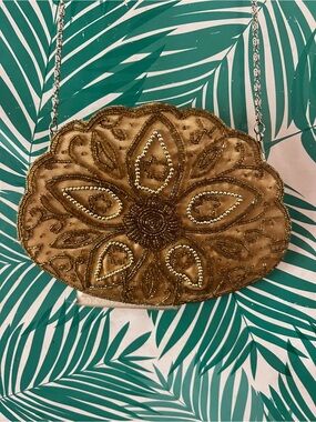 Bijoux Terner Gold Satin Beaded Floral Evening Clutch Crossbody Bag